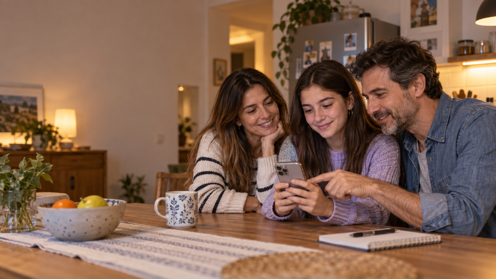 Familia conversando con tranquilidad sobre el uso de redes sociales