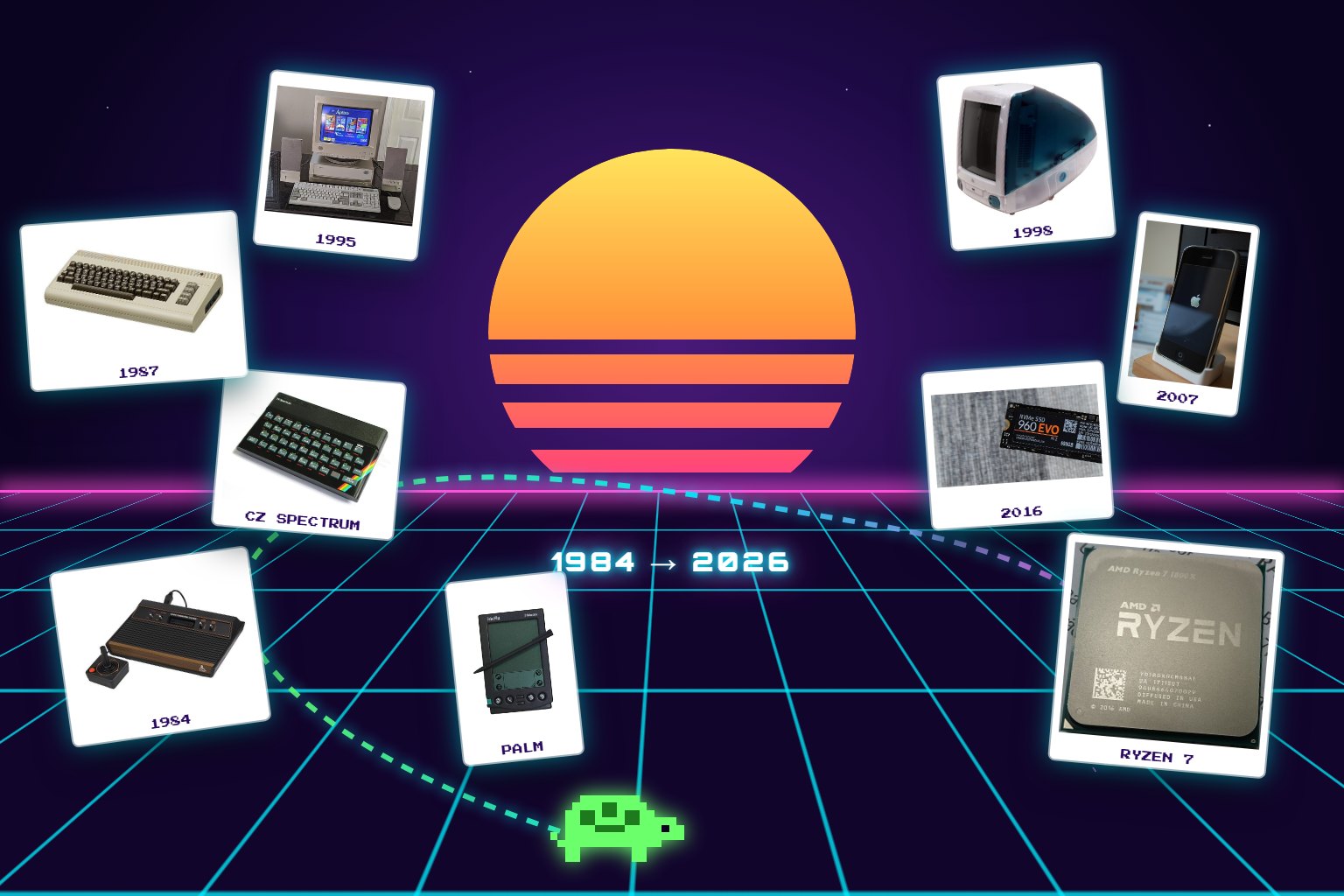 Equipos de distintas épocas, del Atari y el Commodore 64 al Ryzen 7, flotando sobre una grilla retro de neón