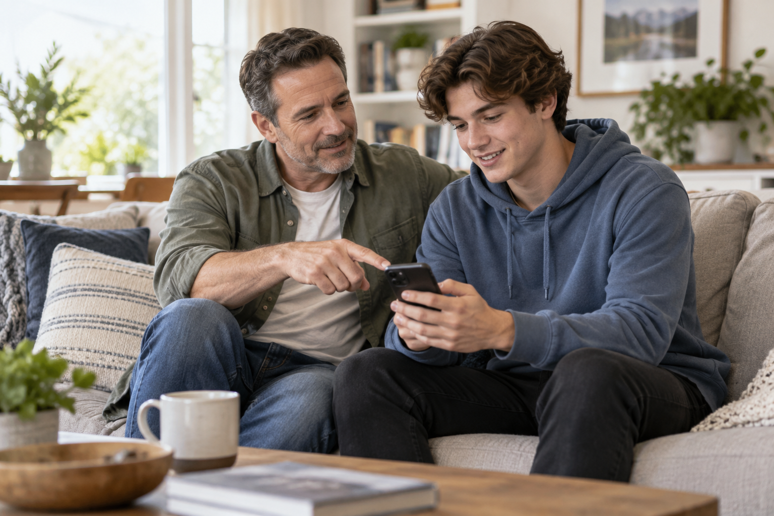 Padre escuchando y conversando con su hijo sobre algo que aparece en el celular