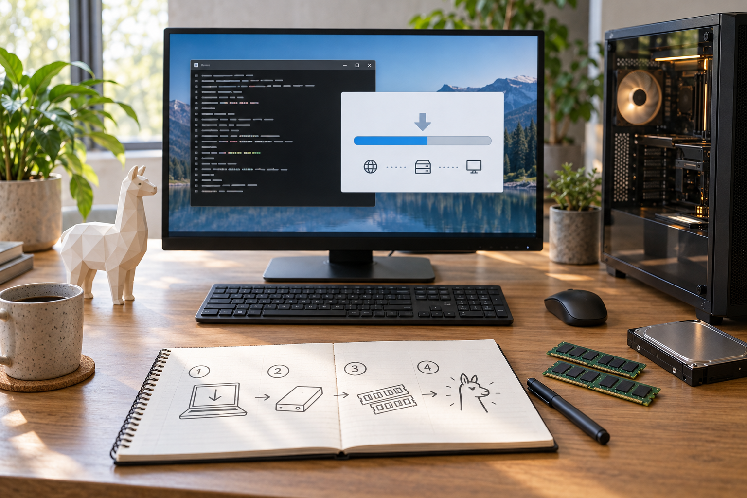 Computadora de escritorio preparada para descargar y ejecutar un modelo local con Ollama