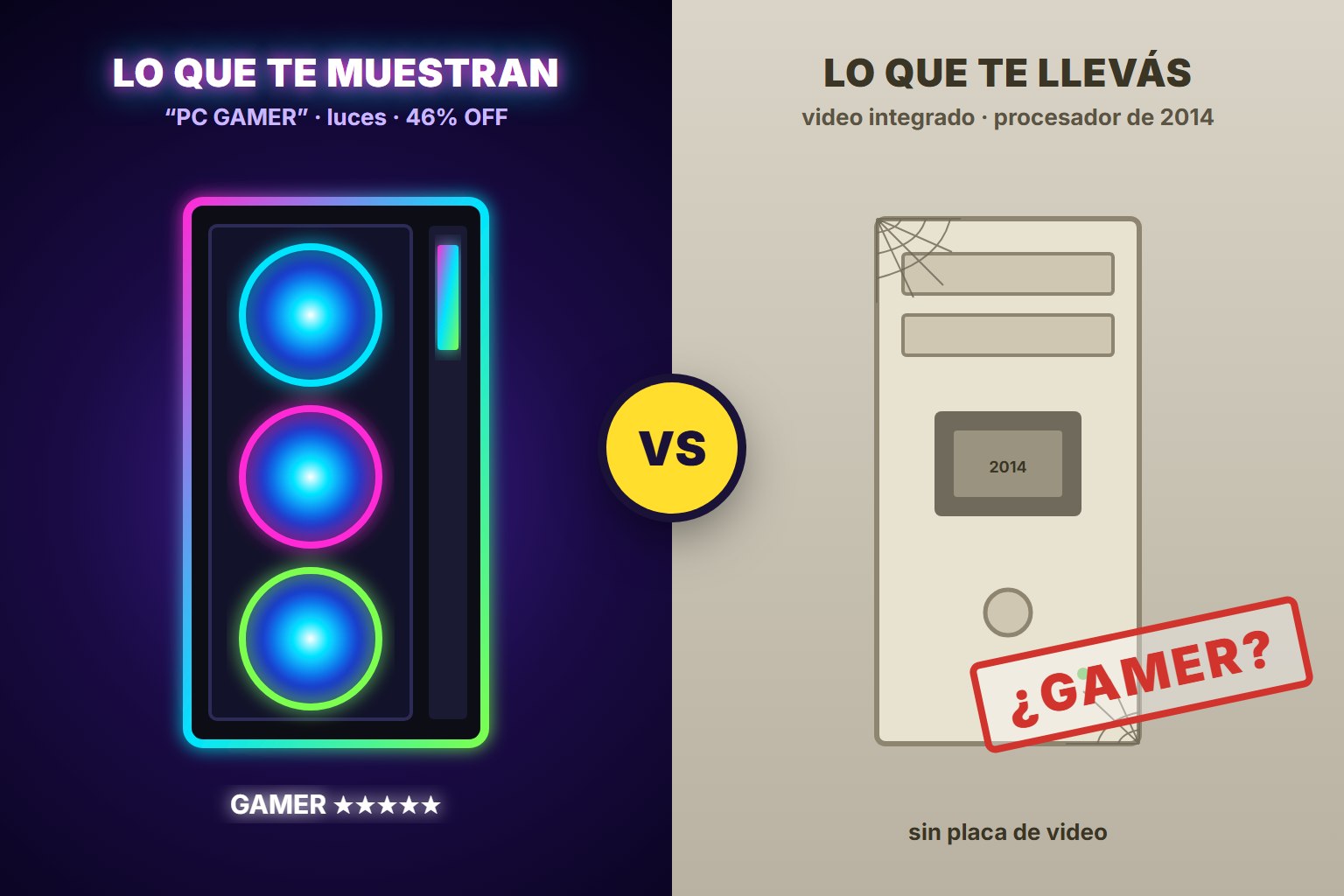 Comparación: a la izquierda un gabinete gamer con luces RGB, a la derecha una computadora vieja con un procesador de 2014 y sin placa de video