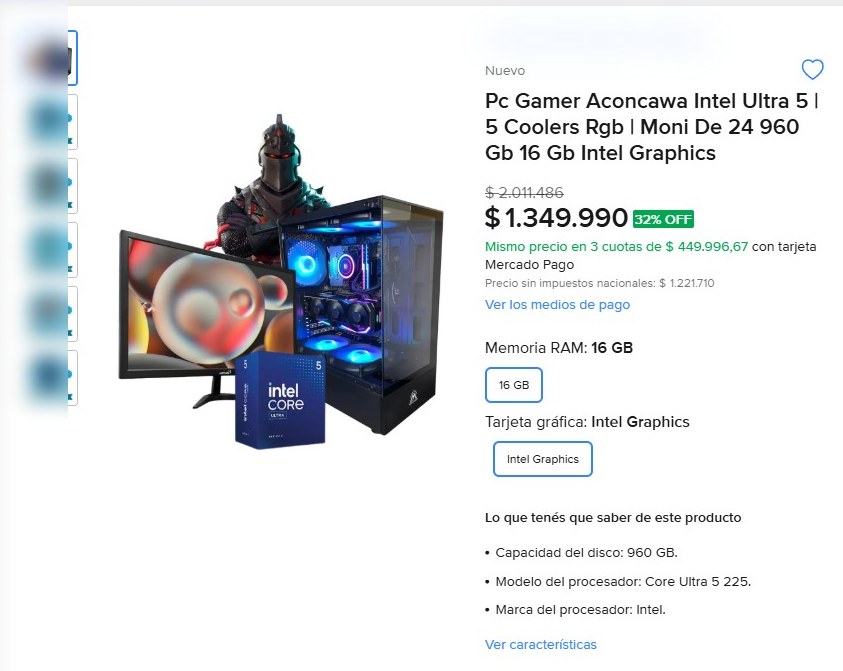 Publicación de PC Gamer con Core Ultra 5 y cinco coolers RGB cuya ficha indica Intel Graphics