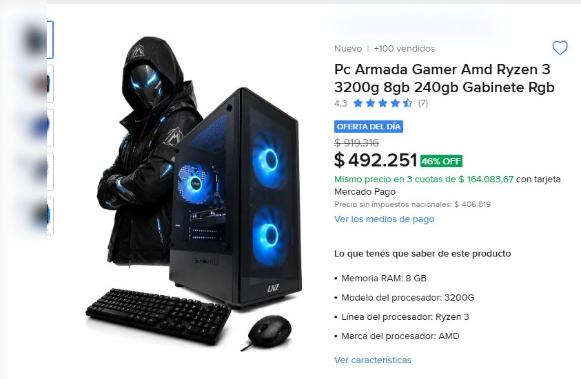Publicación de PC Armada Gamer con Ryzen 3 3200G y gabinete RGB