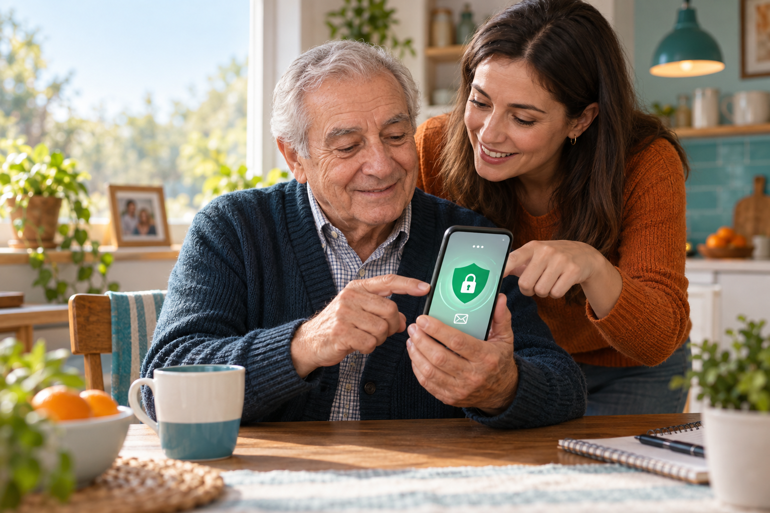 Adulto mayor activa una protección de seguridad en su teléfono con ayuda de un familiar