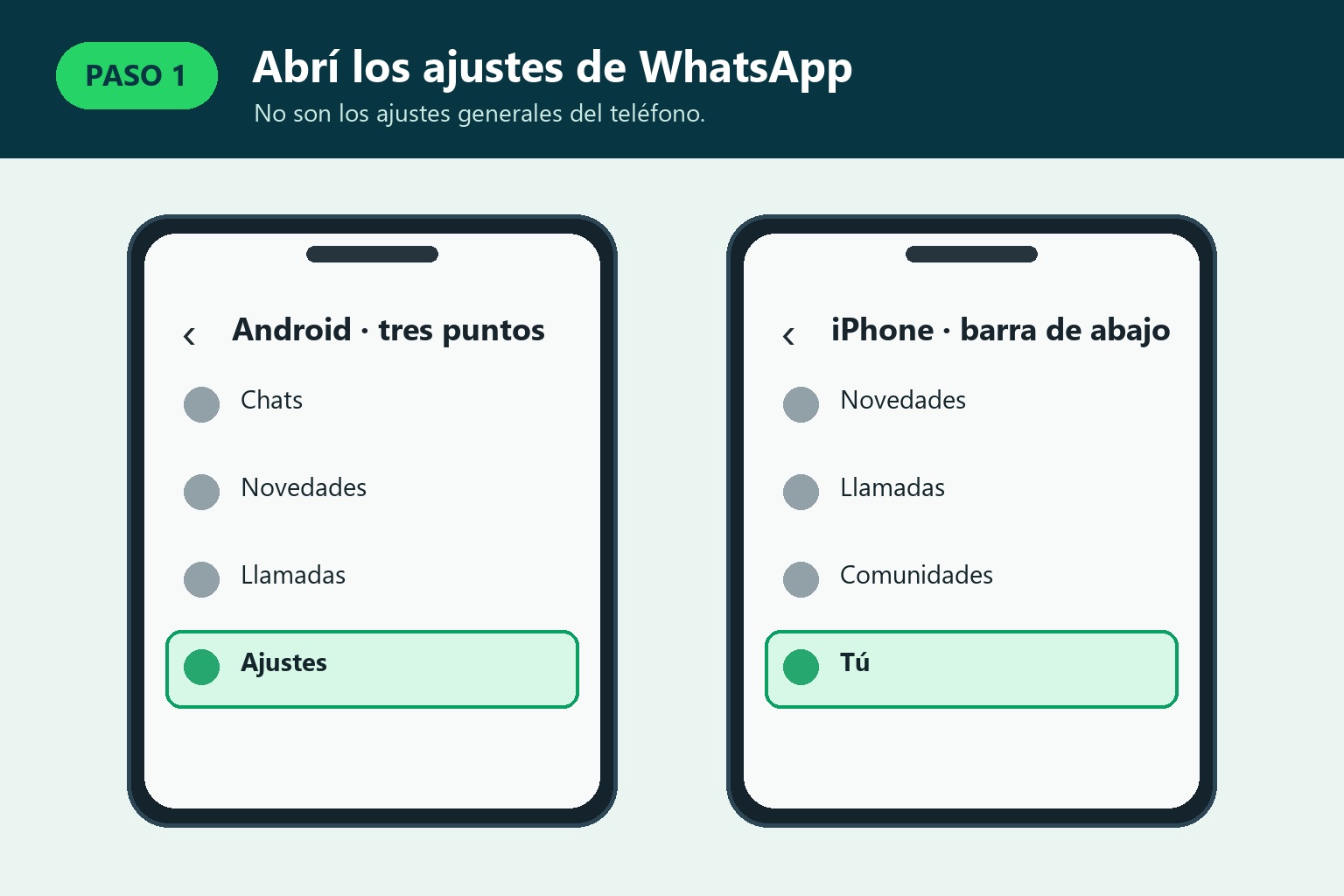 Dónde abrir Ajustes en WhatsApp para Android y la pestaña Tú en iPhone