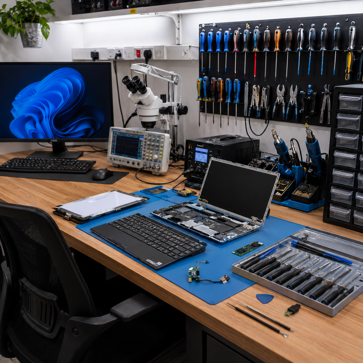 Notebook abierta para diagnóstico y reparación
