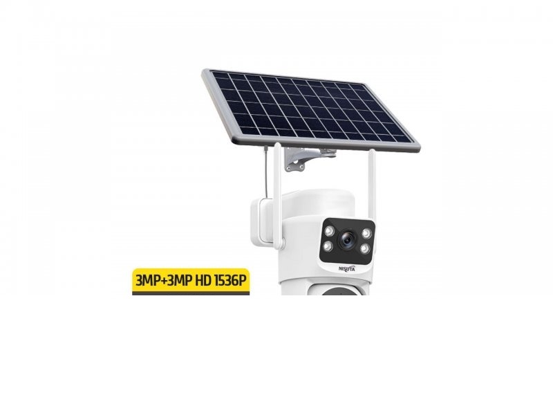 CAMARA DE SEGURIDAD WIFI IP PARA EXTERIORES SOLAR LENTE DOBLE 3MP + 3MP NSIC733S NISUTA