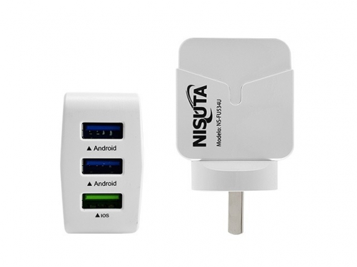 CARGADOR DE PARED CON 3 PUERTOS USB DE 3.4A NSFU534U NISUTA