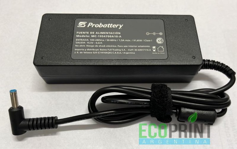 CARGADOR DE NOTEBOOK - 19,5V 4.62AH - 90W - (PLUG: OUT 4,5MM * 3,0MM) - PIN CELESTE - HP MC-1954700A10-A PROBATTERY