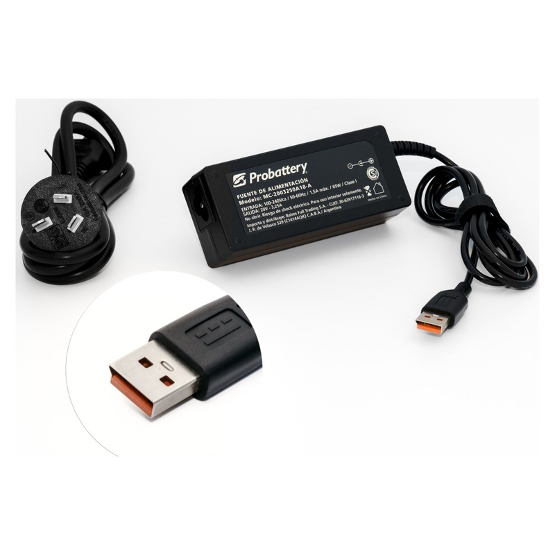 CARGADOR DE NOTEBOOK - 20V 3,25AH - 65W - (PLUG: CUADRADO CON MUESCA) - YOGA 3 - LENOVO MC-2003250A18-A PROBATTERY