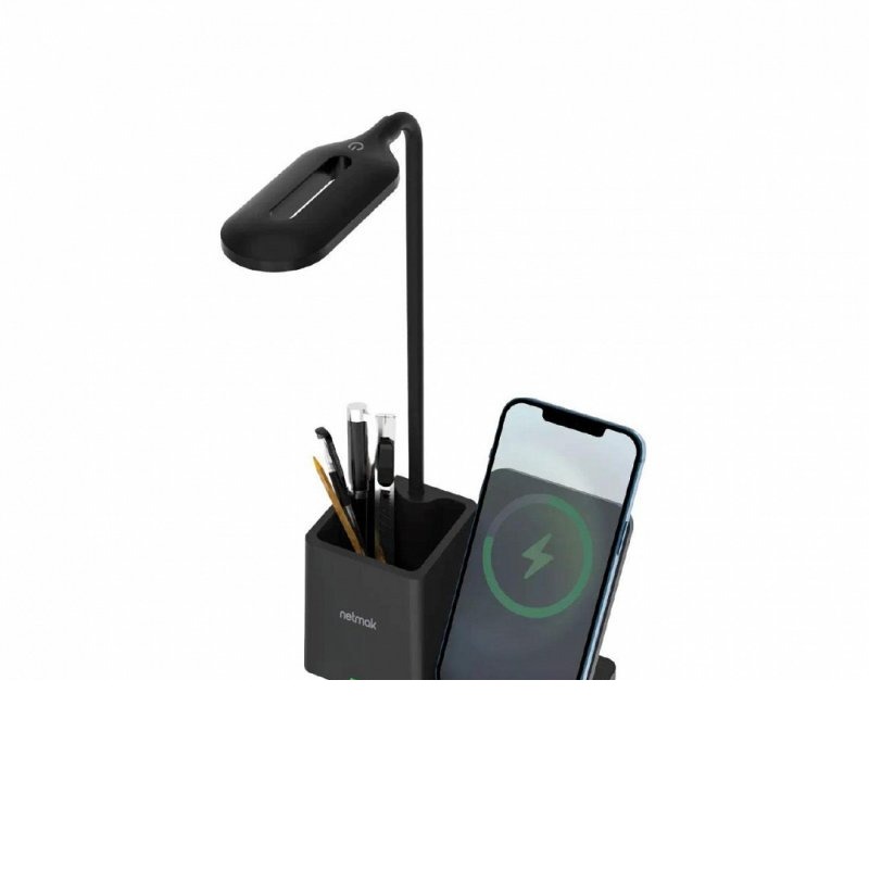 LAMPARA DE LED CARGA INALAMBRICA 15W NEGRA SOPORTE CELULAR NM-CL15 NETMAK