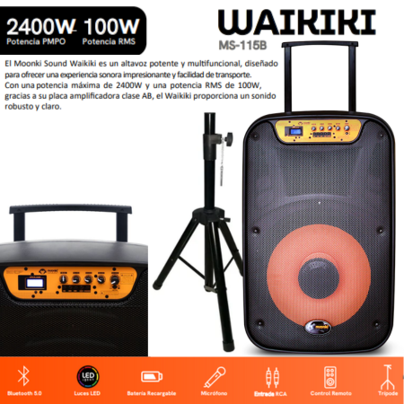 BAFLE MOONKI 15PLG WAIKIKI CON TRIPODE Y MICROFONO