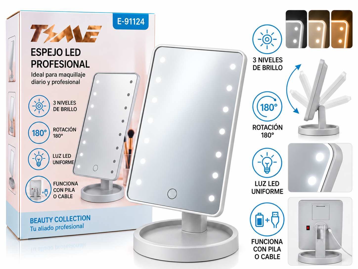 ESPEJO LED LUZ A PILA Y USB E-91124